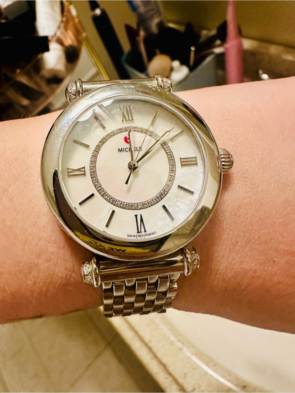 Lk New Michele Diamond Watch Mother Pearl Diamond Watch New Battery All Links - Picture 4 of 9